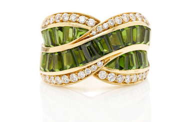 Gold, Green Tourmaline and Diamond Crossover Ring, Italy