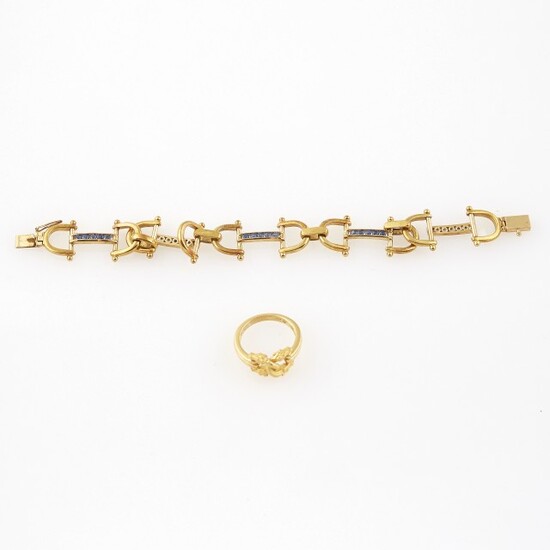 Gold and Stone Flexible Bracelet and Ring, 18K 17 dwt. all