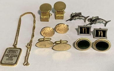 Group of cuff links and silver necklace
