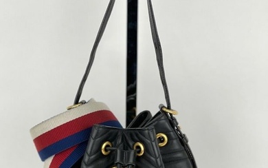 Gucci Handbag Sylvie Web GG Marmont Black Leather Matelasse Bucket Bag B478 AUTH