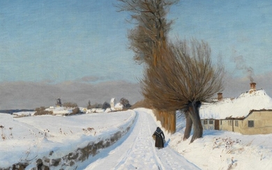H. A. Brendekilde: Winter landscape with a village church. Signed H. A. Brendekilde. Oil on canvas. 49×58 cm.