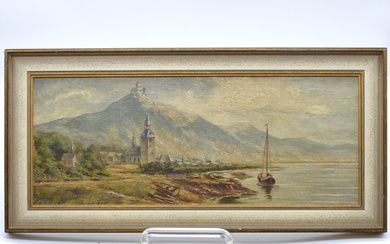 HARBOUR LANDSCAPE IN PANORAMIC STYLE, UNKNOWN ARTIST, OIL ON PANEL, CA. EARLY 20TH CENTURY.