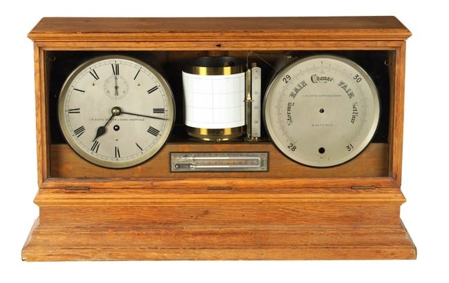I.P. CUTTS SUTTON & SONS, SHEFFIELD. A LATE 19TH CENTURY OAK CASED WEATHER STATION BAROGRAPH