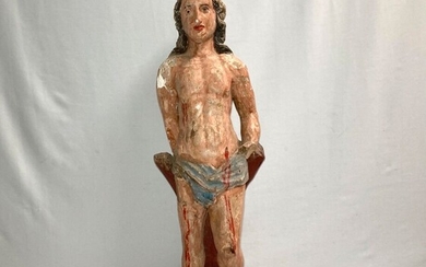 Important SUJET en bois sculpté et peint en polychromie représentant le martyre de Saint Sébastien...