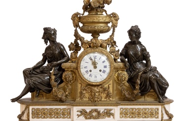 Impressive 19th century French bronze Louis XVI mantel clock with white marble base circa 1860, dial marked Rödel Fcant a Paris, Rue de la Chausée Dantin, gilt bronze and dark patinated bronze ladies