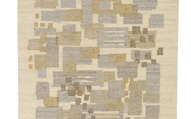 Inga-Mi Varneus Rydgren: Handwoven wool carpet in rölakan technique. Geometric pattern in shades of light grey and beige. Signed RMY and JLH.