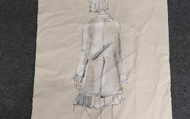 Ink Drawing on Fabric, Standing Fashion Woman in Coat