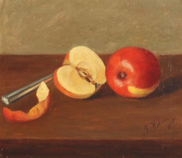 J. Holm 19th century: Still life with apples on a table. Signed and dated J. Holm 1899. Oil on canvas laid on plate. 20.5×23.5 cm.