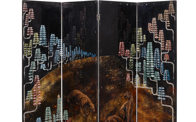 JACQUES MIDAVAINE (1930-1994) Leopard Four Panel Screen circa 1960 lacquered...