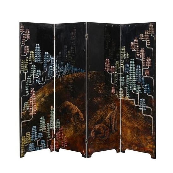 JACQUES MIDAVAINE (1930-1994) Leopard Four Panel Screencirca 1960lacquered wood, signed 'Jacques...