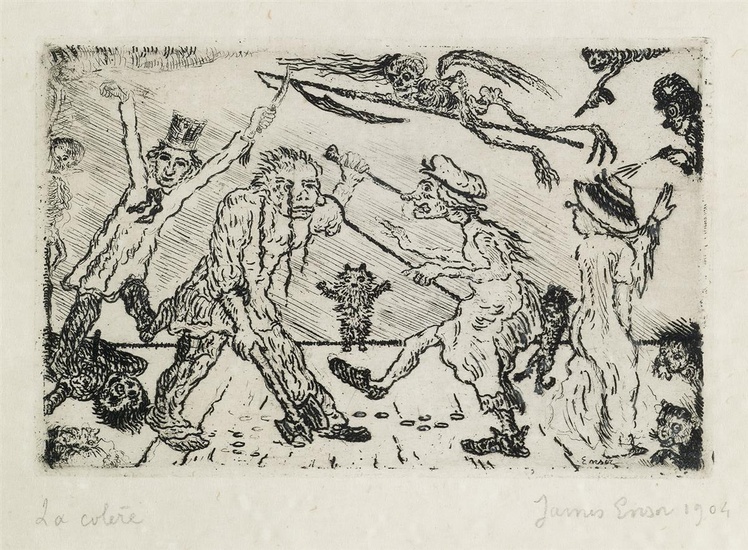 JAMES ENSOR La Colère. Etching and drypoint on imitation Japan paper, 1904. 95x146...