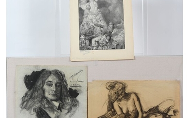 JONAS Lucien. (1880-1947). 3 études représentant un portrait d’homme de théâtre pour l’Avare, une étude...