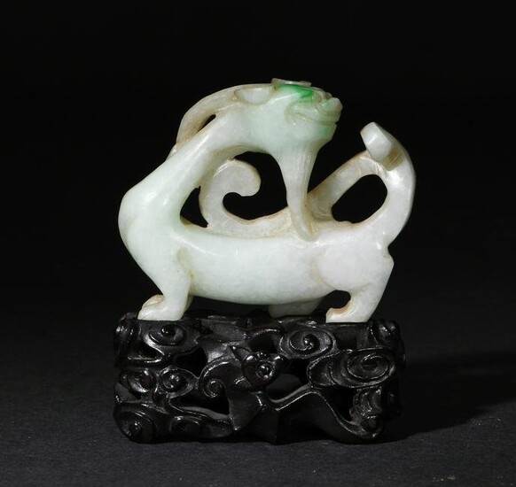 Jadeite Chilong Carving with Wood Stand, 19th Century