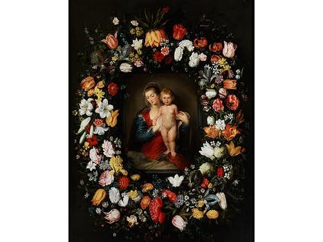 Jan Brueghel d. J. (1601 – 1678) und Peter Paul Rubens (1577 – 1640), Werkstatt, MARIA MIT DEM KINDE INMITTEN EINES BLÜTENKRANZES