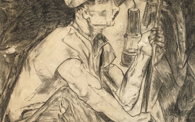 Jan Toorop, attr., mineur Mineur avec lampe de mineur au travail sous terre, graphite sur...