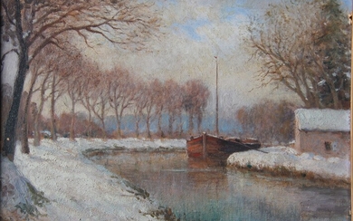 Jean KEULEYAN-LAFON (1886-1973) Péniche en hiver Huile sur panneau signée en bas à gauche 27,5 x 34,5 cm.