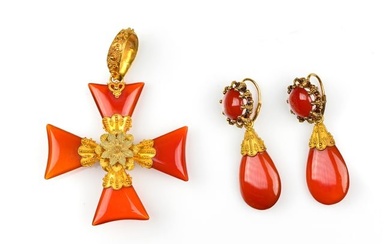 Jewellery set: earrings and pendant in the shape of a cross, Biedermeier, around 1840/50