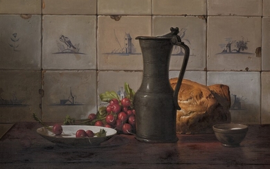 Johannes Hendrik Eversen A still life with radishes, a loaf of bread and an Eikeltjeskan