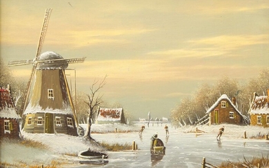 Kaiser, Dutch, mid-late 20th century- Figures skating on a frozen lake; oil on panel, signed, 18.5 x 23.5 cm.