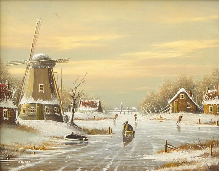 Kaiser, Dutch, mid-late 20th century- Figures skating on a frozen lake; oil on panel, signed, 18.5 x 23.5 cm.
