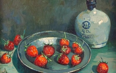 Klaas Zwaan (1922-1998), still life with strawberries on a pewter...