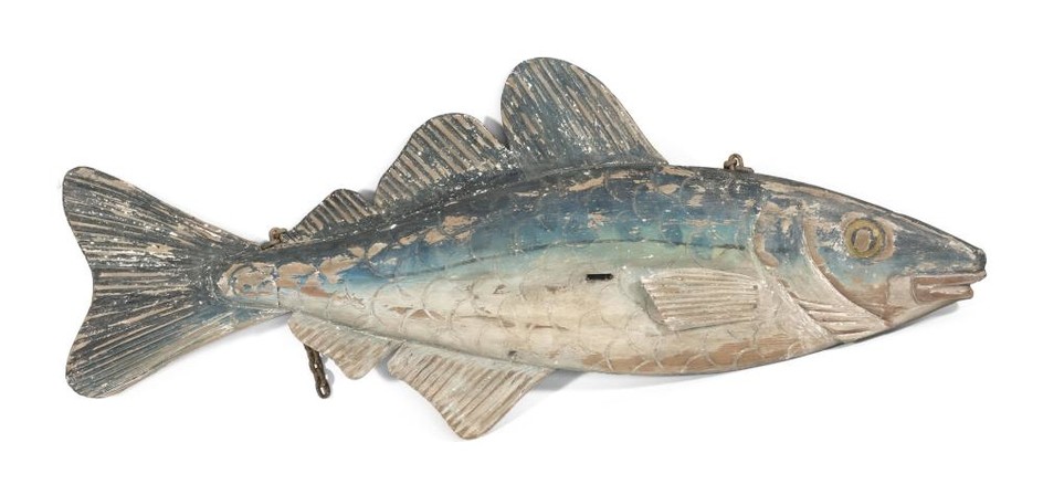 LARGE CARVED AND PAINTED WOODEN FISH Once probably hung as a trade sign for a fish market or restaurant. Height approx. 33.25". Leng...