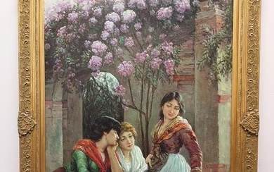 LARGE VINTAGE OIL ON CANVAS PAINTING OF THREE GIRL