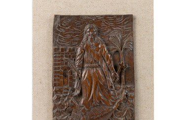 Laagreliëf met voorstelling van de Heilige Margaretha. Ca. 1700. Notelaar of lindenhout. Palmtak en kruis als