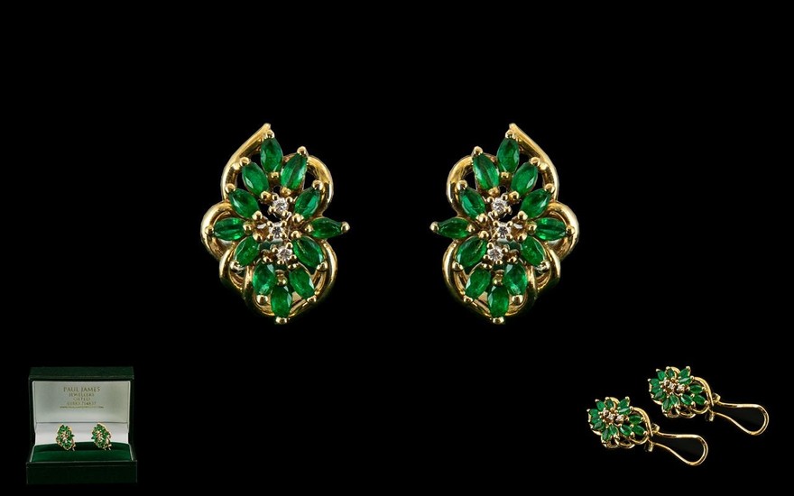Ladies Pair of 14ct Gold Earrings - Set with Emeralds and Di...