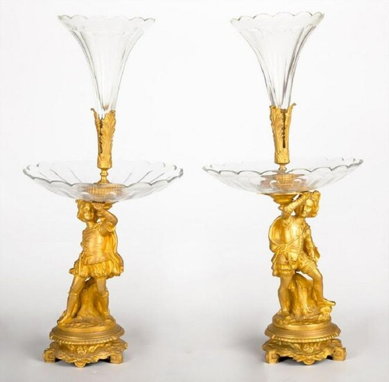Large Pair Of French Bronze Figural Glass Epergnes