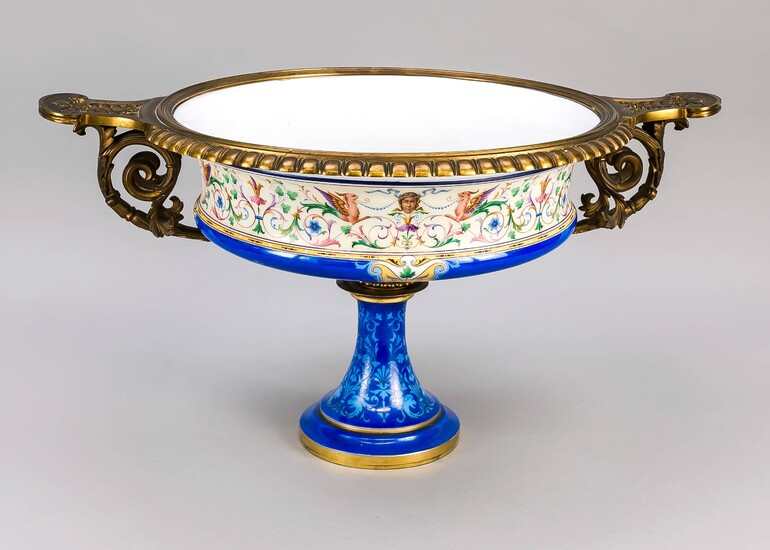 Large historicism centerpiece, 2nd half of the 19th century, in the style of the Renaissance, trumpet-shaped stand, curved bowl with bronze mounting, white milk glass with rich polychrome painting, stand with blue background with ornamental decor...