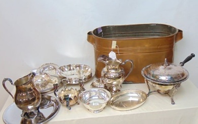 Large lot silver-plate & copper boiler, ice water pitcher, various dishes, candle holder, more