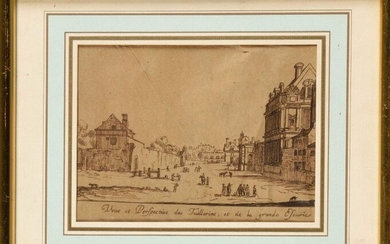 Late 18th century French school, follower of Israel SYLVESTRE (1621-1691) View and Perspective of the Tuileries and the Great Stable Pencil drawing Height 12.5 cm - Width 17 cm (at sight) (folding and slight tear)