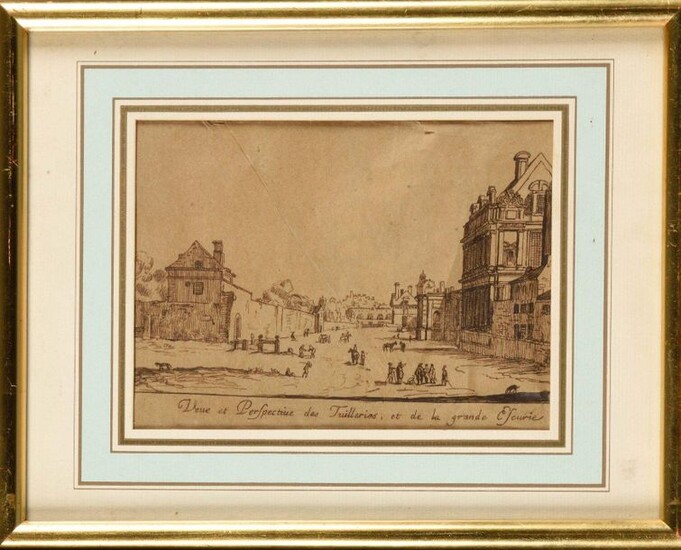 Late 18th century French school, follower of Israel SYLVESTRE (1621-1691) View and Perspective of the Tuileries and the Great Stable Pencil drawing Height 12.5 cm - Width 17 cm (at sight) (folding and slight tear)