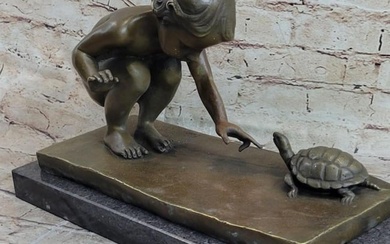 Little Girl Playing With Turtle Bronze Sculpture