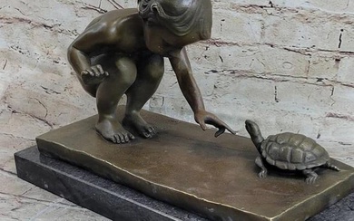 Little Girl Playing with Turtle Original Bronze Statue - 8.5" 14"