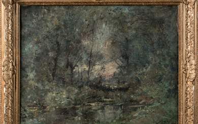 Lot 70 Emile NOIROT (1853-1924). Mare en sous-bois, 1897. Huile sur toile. Signé, daté en bas à droite. 81 x 100 cm. Restaurations anciennes. OH