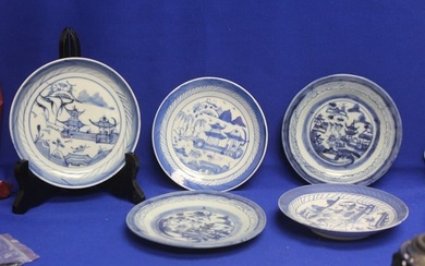 Lot of 5 Chinese Canton Blue and White Plates
