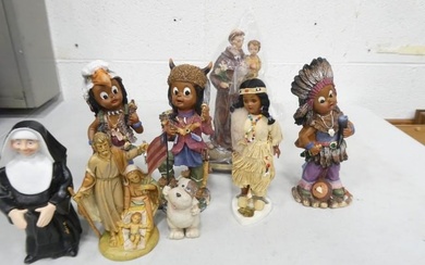 Lot of 7 Figures incl 3 Large Native American Figures, 1 Large St Anthony Figure, 2 Nun Figure, 1 J