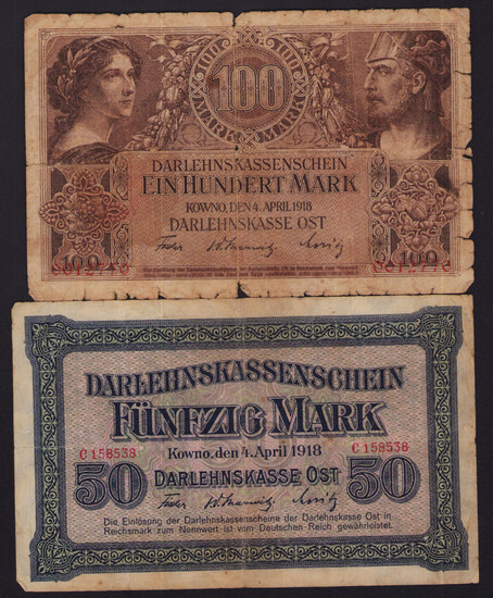 Lot of paper money: Germany, Lithuania, Kowno (Kaunas) 50 & 100 Mark 1918 (2)