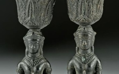 Lovely Pair of 20th C. Cambodian Bronze Candlesticks