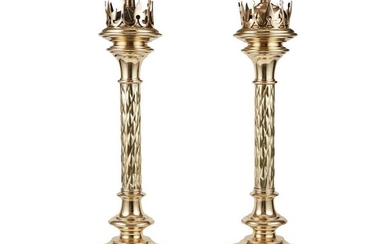MANNER OF HARDMAN & CO. PAIR OF GOTHIC REVIVAL NEWEL CANDLESTICKS, CIRCA 1890