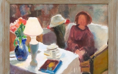 MARY MALISCHEWSKI, Pennsylvania, Contemporary, Lady seated at a table., Oil on canvas, 14" x 20" sight. Framed 19" x 24.5".