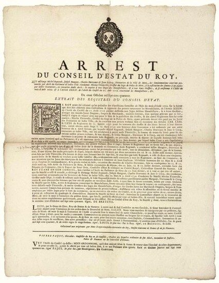METZ (57). 1741. MANUFACTURING. (LOIRET). "Arrest of the Council of State of the KING, which relieves Michel Regnault, Joseph DORVEAUX & Jean LE COCQ, Dyers of the City of METZ, of the Convictions against them pronounced by Judgment of the Parliament...