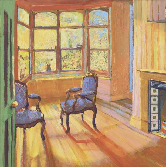 Martin Decent, British b. 1954- Room at Veronnet (Homage to P.B); oil on card, signed lower right edge 'Decent', signed and titled to the reverse, 45.5 x 45.5 cm (ARR)