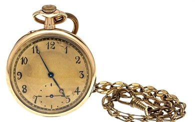 Men's pocket watch open, 585/000 GG, 2 lids gold, back polished with monogram ''CS'', gold dial