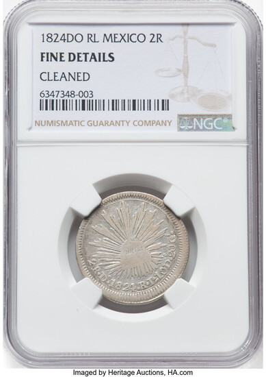 Mexico: , Republic "Hookneck" 2 Reales 1824 Do-RL Fine Details (Cleaned) NGC,...