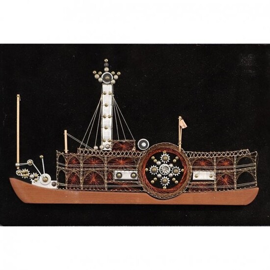 Mid-Century Modern Folk Art Paddlewheel Boat Art Work