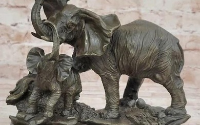 Mother Elephant Playing with Calf Bronze Statue - 8.5" x 9.5"