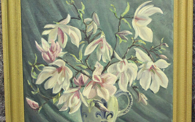 Muriel Wheeler - Still Life of Orchids in a Jug, oil on canvas, signed with initials recto, inscribe